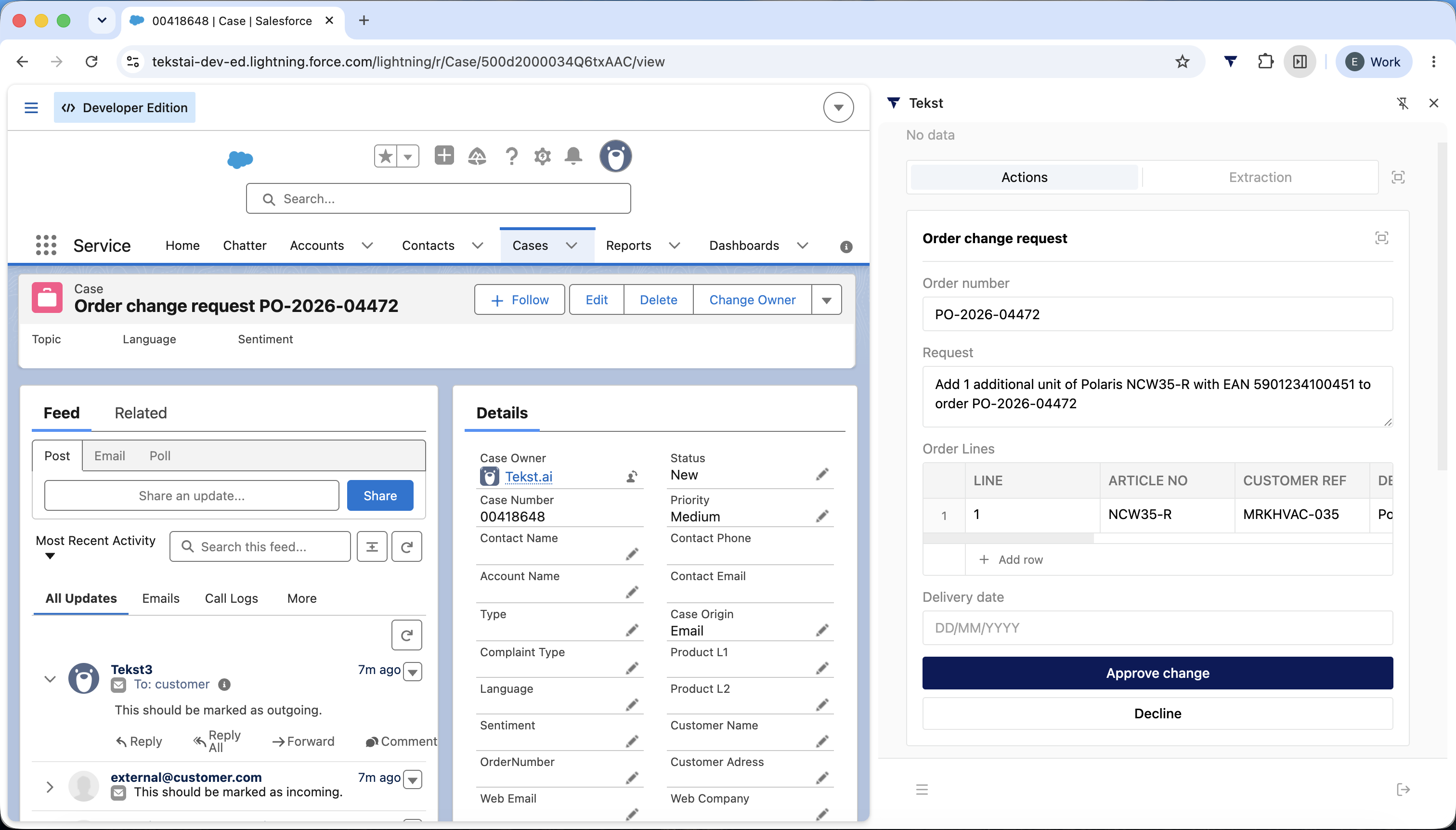 An approval card named Order change request, holding a text field, a long text field, an editable table of order lines, and a date field, next to the Salesforce case it belongs to