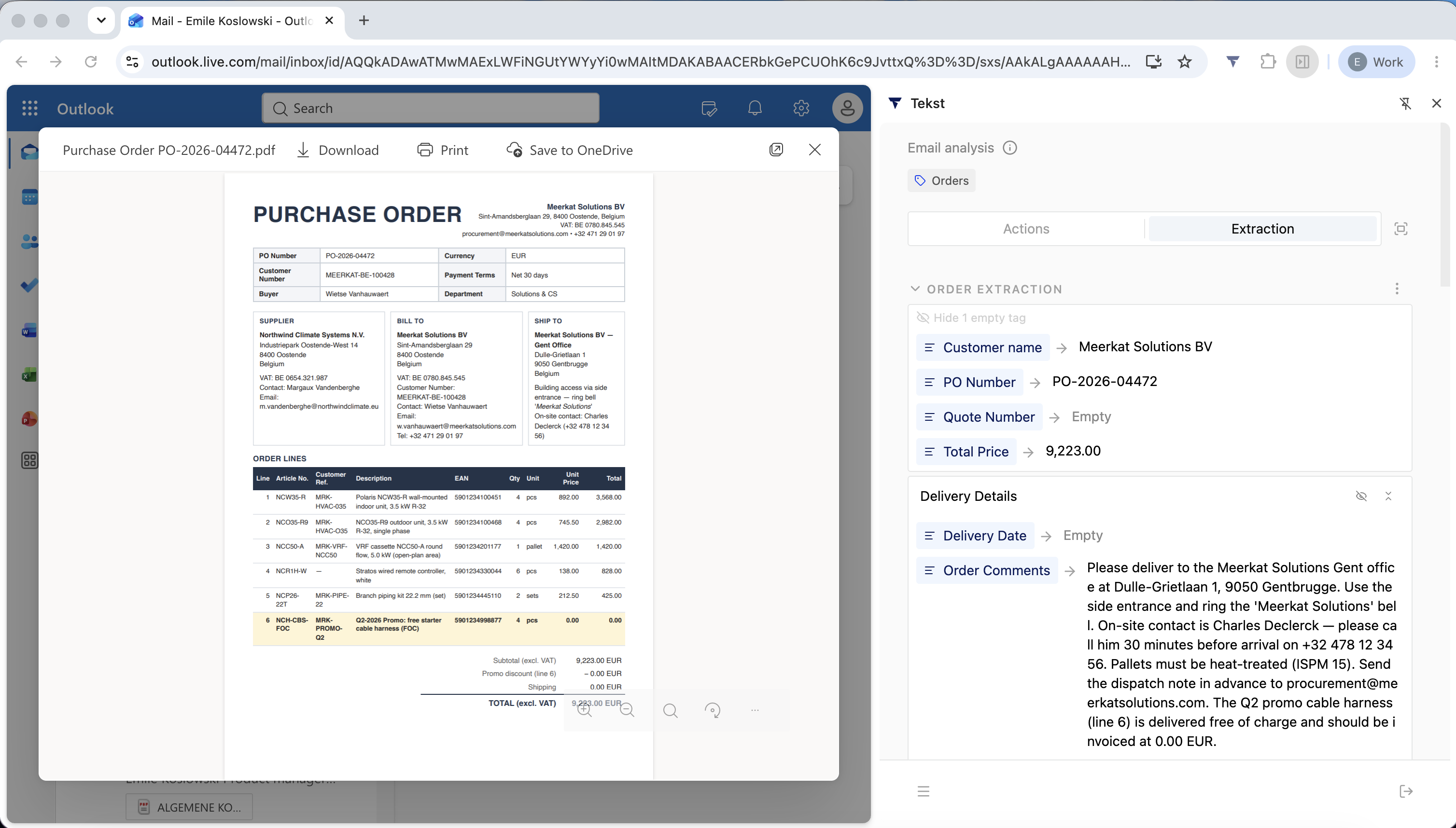 The Extraction tab listing the customer name, PO number, and total price pulled from an attached purchase order, with empty fields shown as Empty