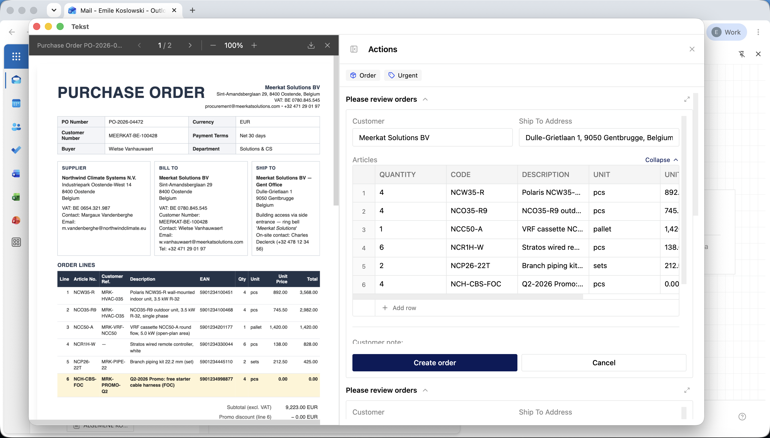 The split-screen window with the attached purchase order on the left and two approval forms stacked on the right, the first one open with its decision buttons side by side