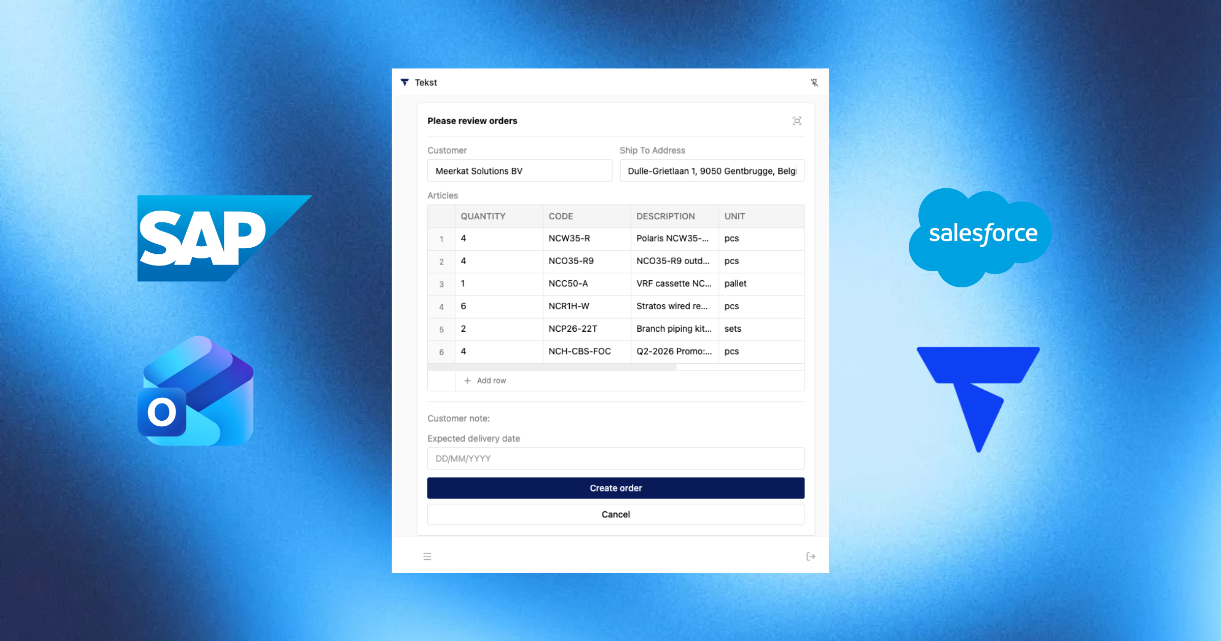 The Tekst Sidepanel showing an order approval form, surrounded by the SAP, Outlook, and Salesforce logos