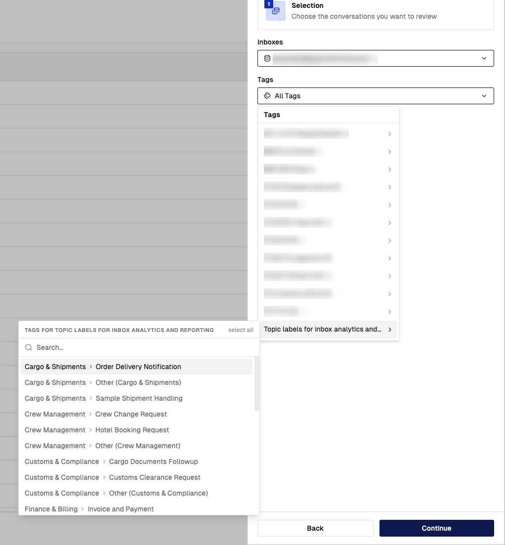 The Selection step with the Inboxes dropdown and the Tags dropdown expanded, showing the label list for one model with a search box
