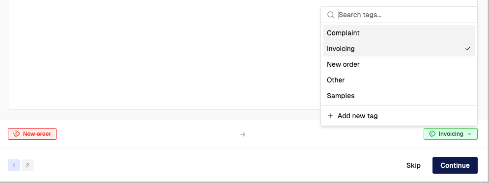 The wrong label struck through in red on the left, an arrow, and the chosen replacement label in green on the right, with the tag picker open above listing the available labels and the Add new tag option