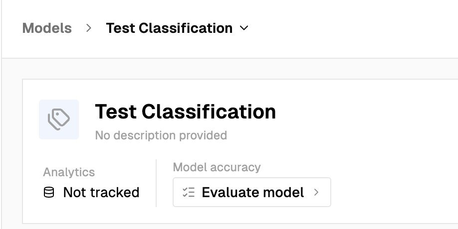 The model header showing the model name, the Analytics figure, and the Model accuracy figure with the Evaluate model button next to it