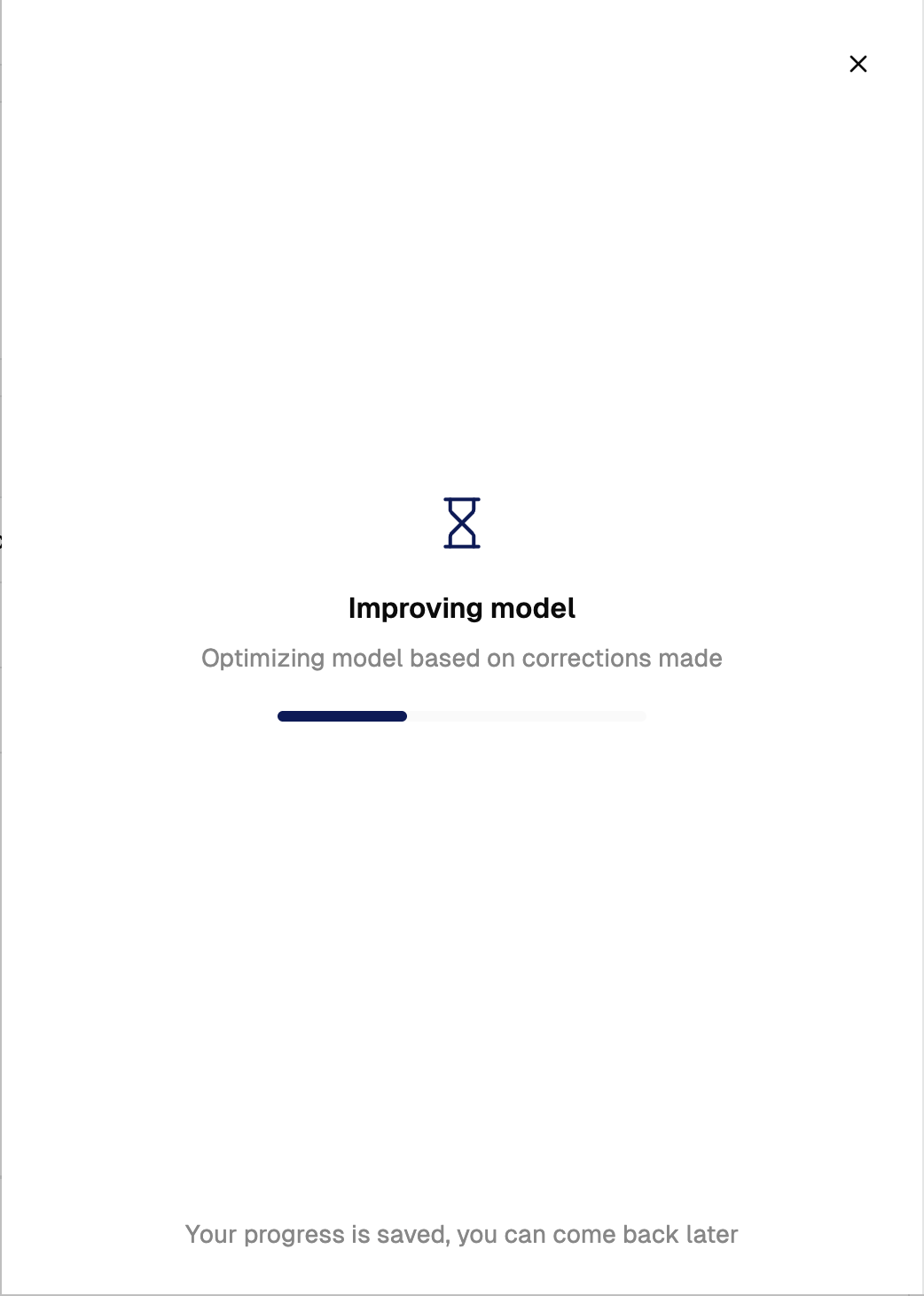 The Improving model screen with an hourglass, the subtitle Optimizing model based on corrections made, a progress bar, and a note that your progress is saved