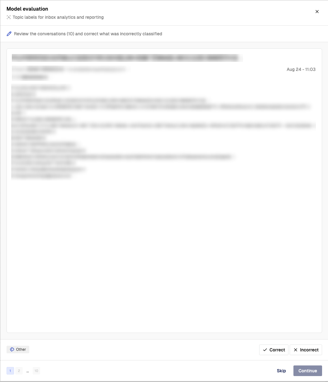 A conversation open in the review step with the predicted label shown at the bottom next to the Correct and Incorrect buttons, and the progress squares and Continue button below
