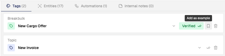 The Tags tab of the message side panel showing an assigned label marked Verified, with the Add as example control beside it