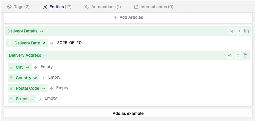 The Entities tab of the message side panel showing extracted fields nested under their parent entities, each field verified, with the Add as example button below them