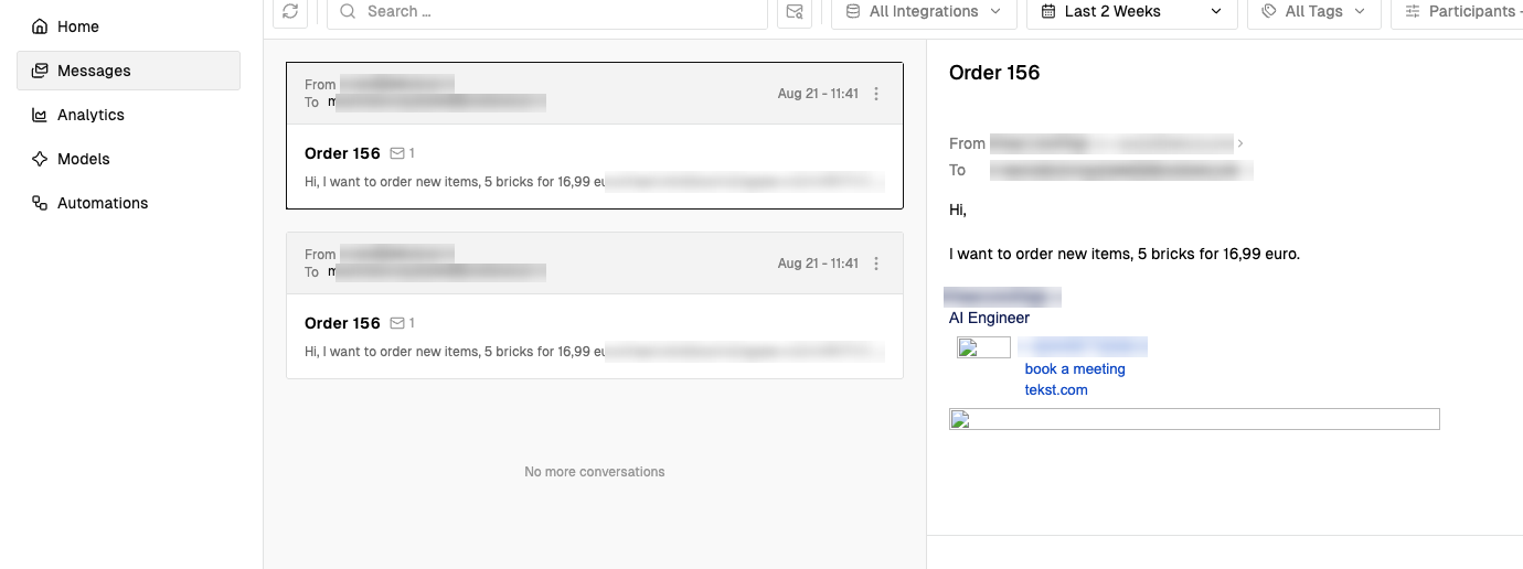 The Messages page with the conversation list on the left and one conversation open in the reading pane