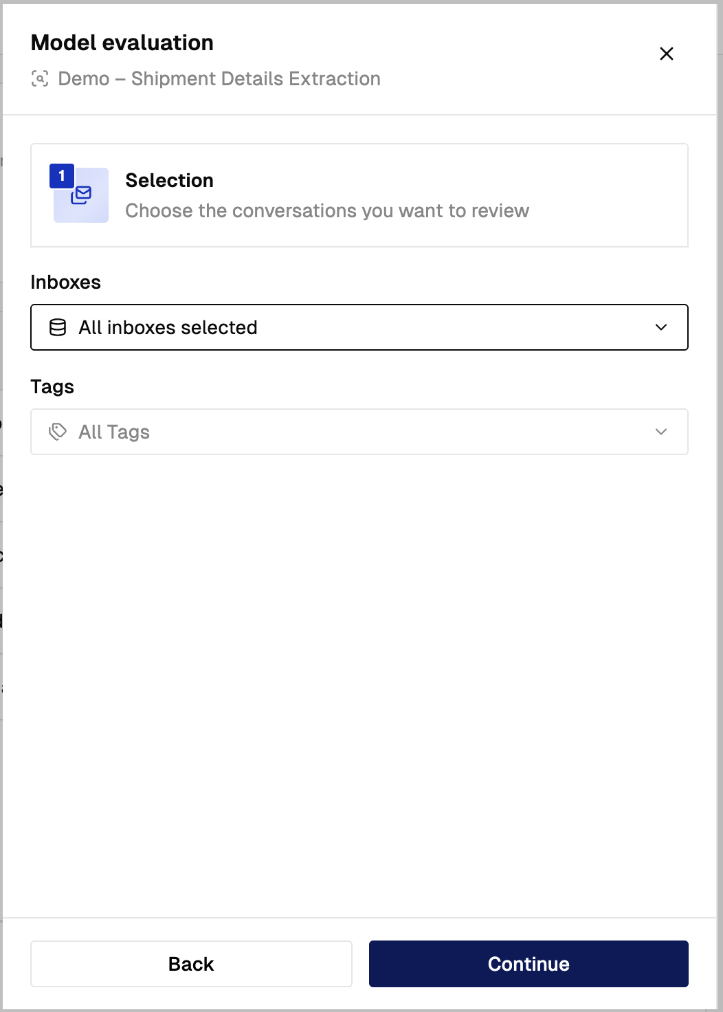 The Selection step showing the Inboxes field set to All inboxes selected and the Tags field set to All Tags, with Back and Continue buttons below
