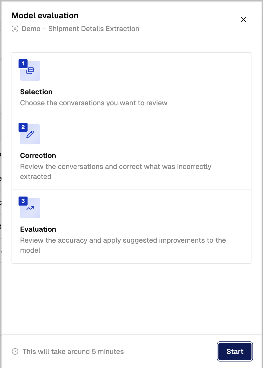 The Model evaluation panel showing the three numbered steps - Selection, Correction, and Evaluation - with the estimated duration and the Start button