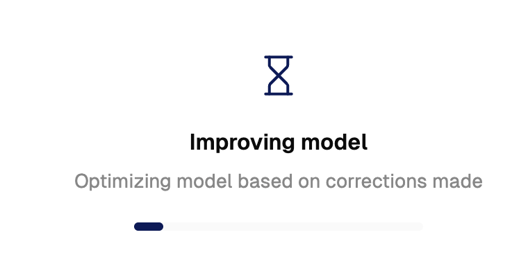The Improving model screen with an hourglass, the subtitle Optimizing model based on corrections made, and a progress bar