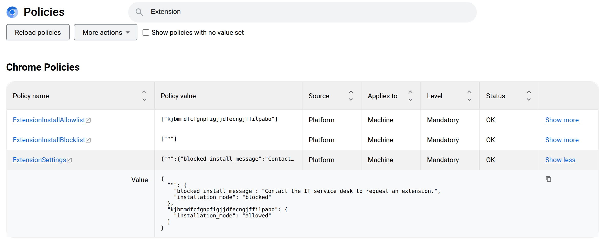 The ExtensionSettings row expanded with Show more, revealing the full value: a default entry that blocks every extension with a custom message, and an entry for the Tekst extension ID with installation mode allowed