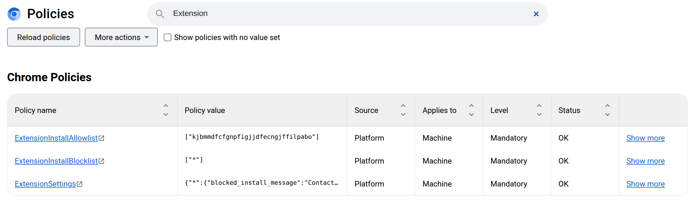 The Chrome policy page filtered on 