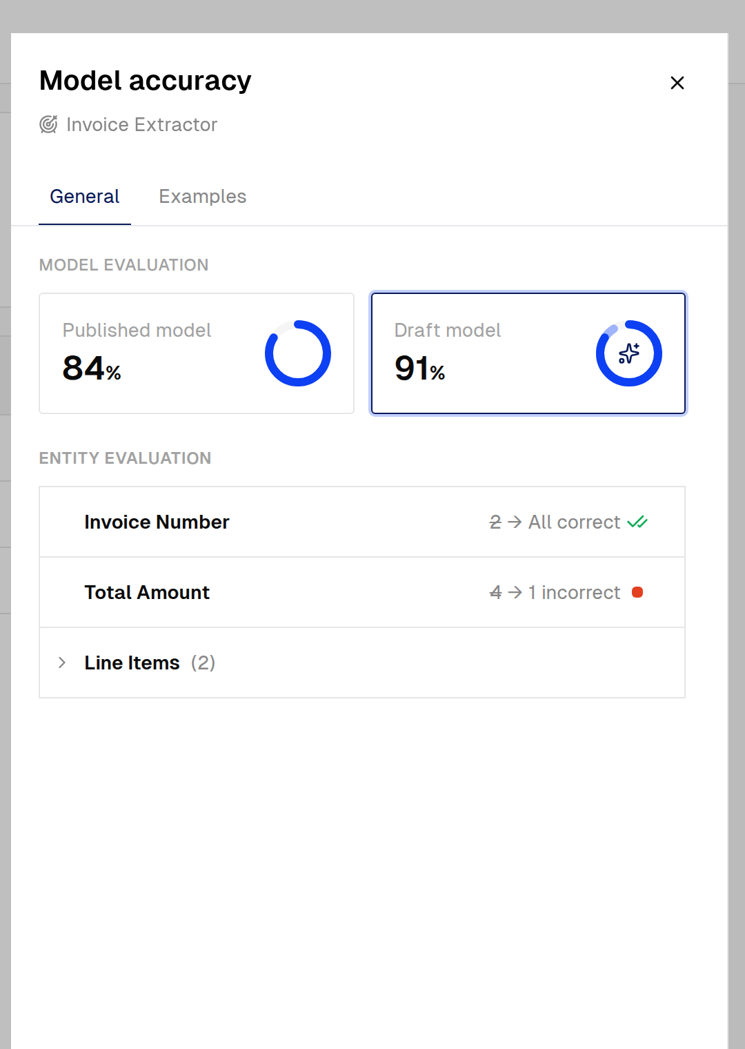 The Model accuracy panel with a Published model card at 84 percent beside a selected Draft model card at 91 percent, and the entity evaluation breakdown below